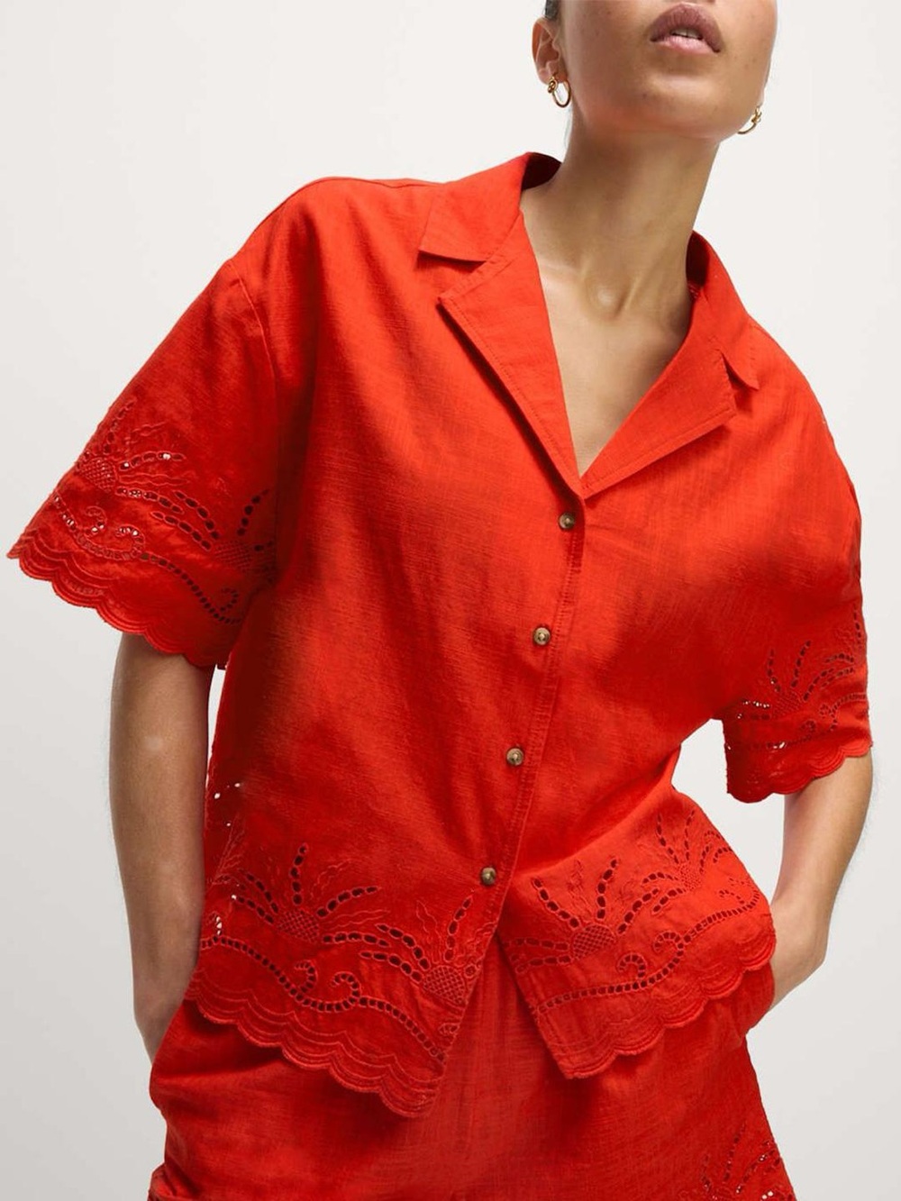 M&S pure cotton eyelet broderie collared beach shirt in Tomato size 10